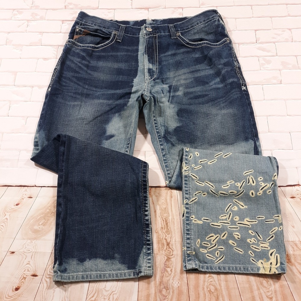 Ariat Denim Jeans Mens Waist 38 Inseam 30 Blue Abstract Rare Cowboy‎